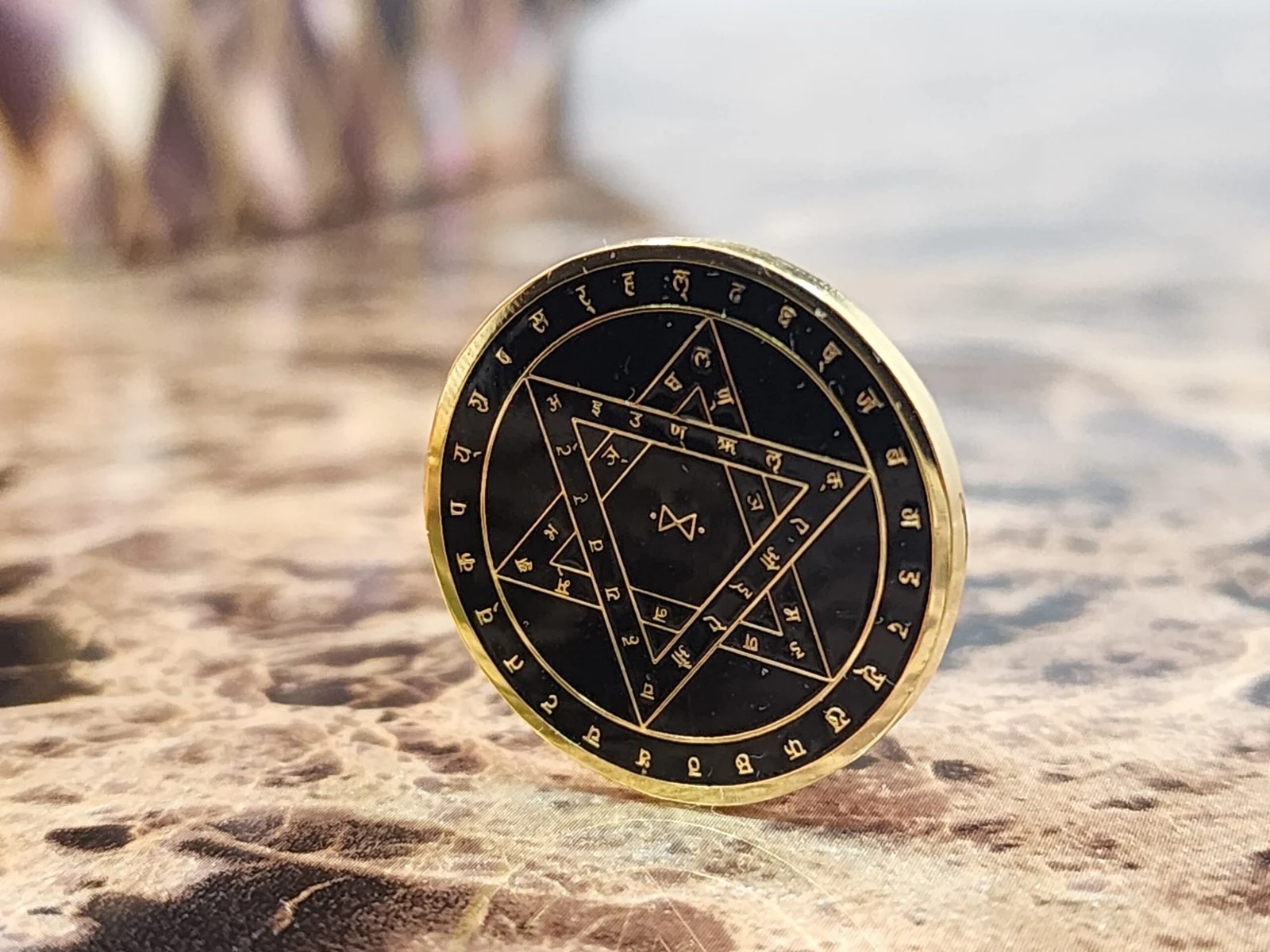 Kalp Koin sacred geometry face, angled view